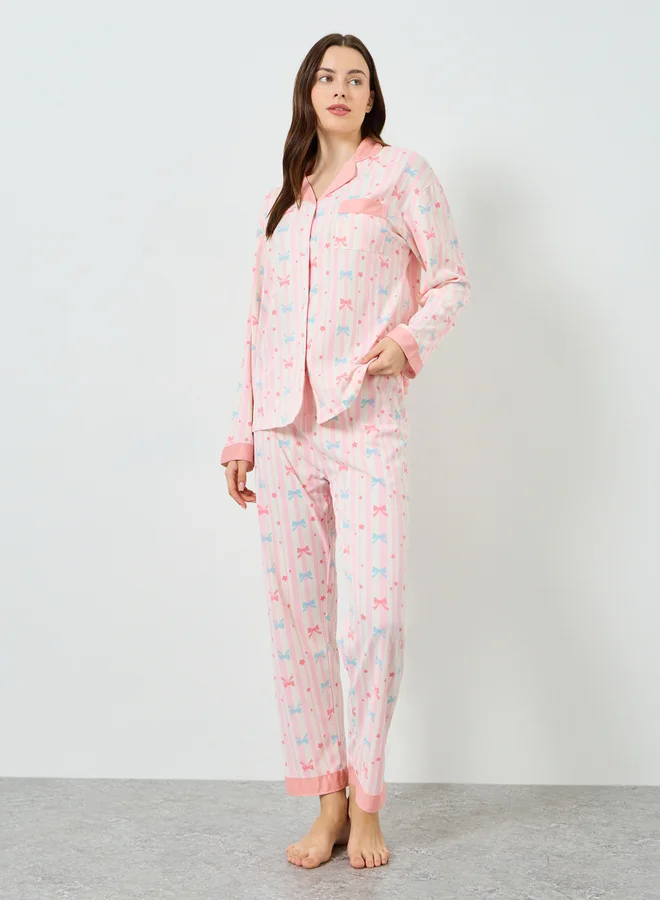 Styli Women Bow Print Shirt and Pyjama Set